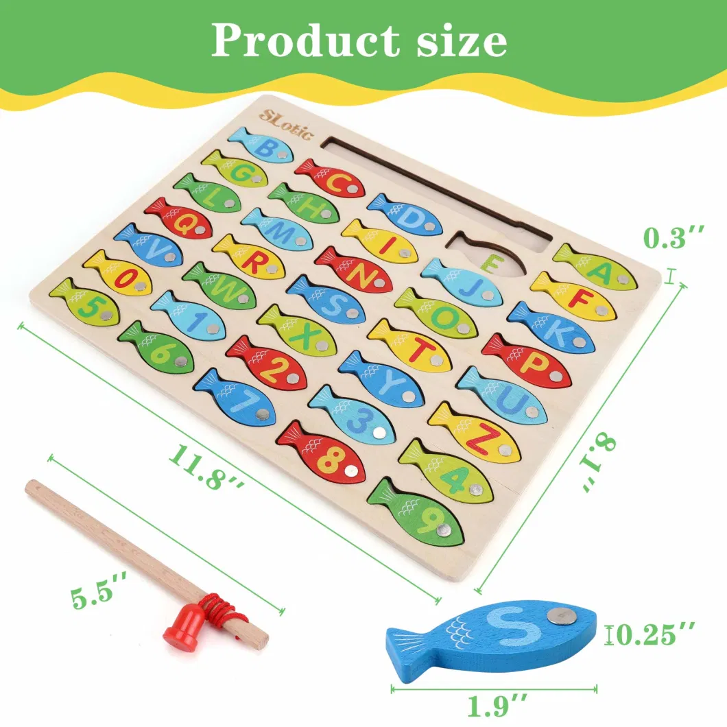 Magnetic Wooden Fishing Game Toy for Toddlers - Alphabet ABC Fish Catching Counting Learning Education Math Preschool Board Games Toys Gifts for 3 4 5 Years Old