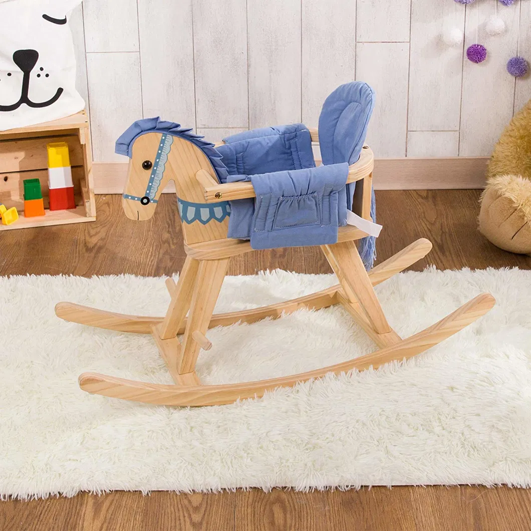 Wooden Rocking Horse with Removeable Safety Surrond Pad Natural / Blue