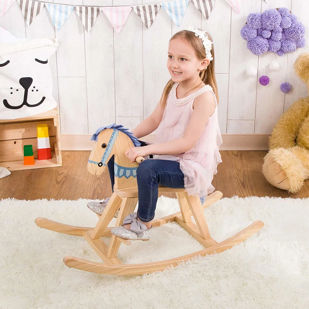 Wooden Rocking Horse with Removeable Safety Surrond Pad Natural / Blue
